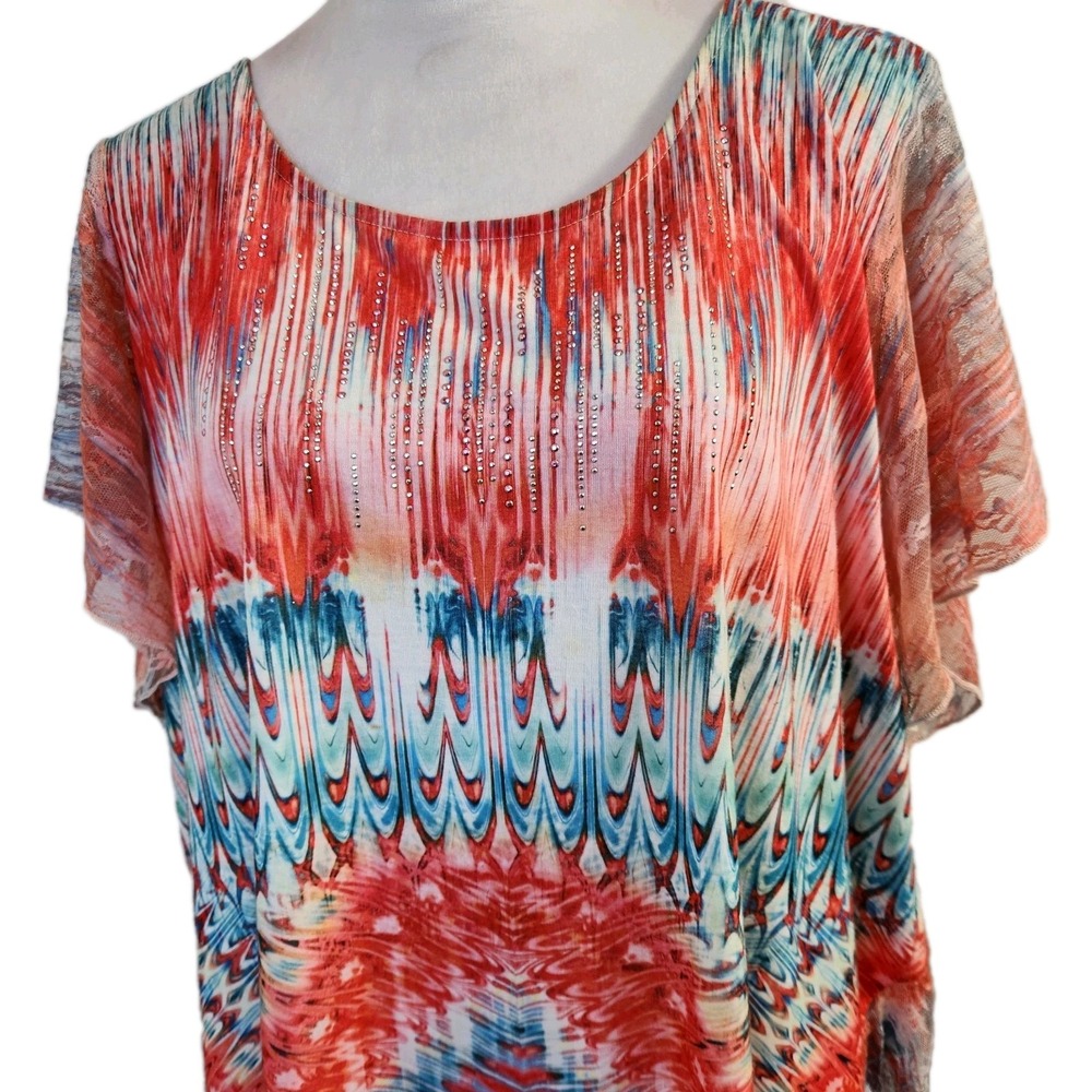 One World Womens Tie Dye Boho Colorful Tee Shirt Size 3X Pastel Tribal Lace Top